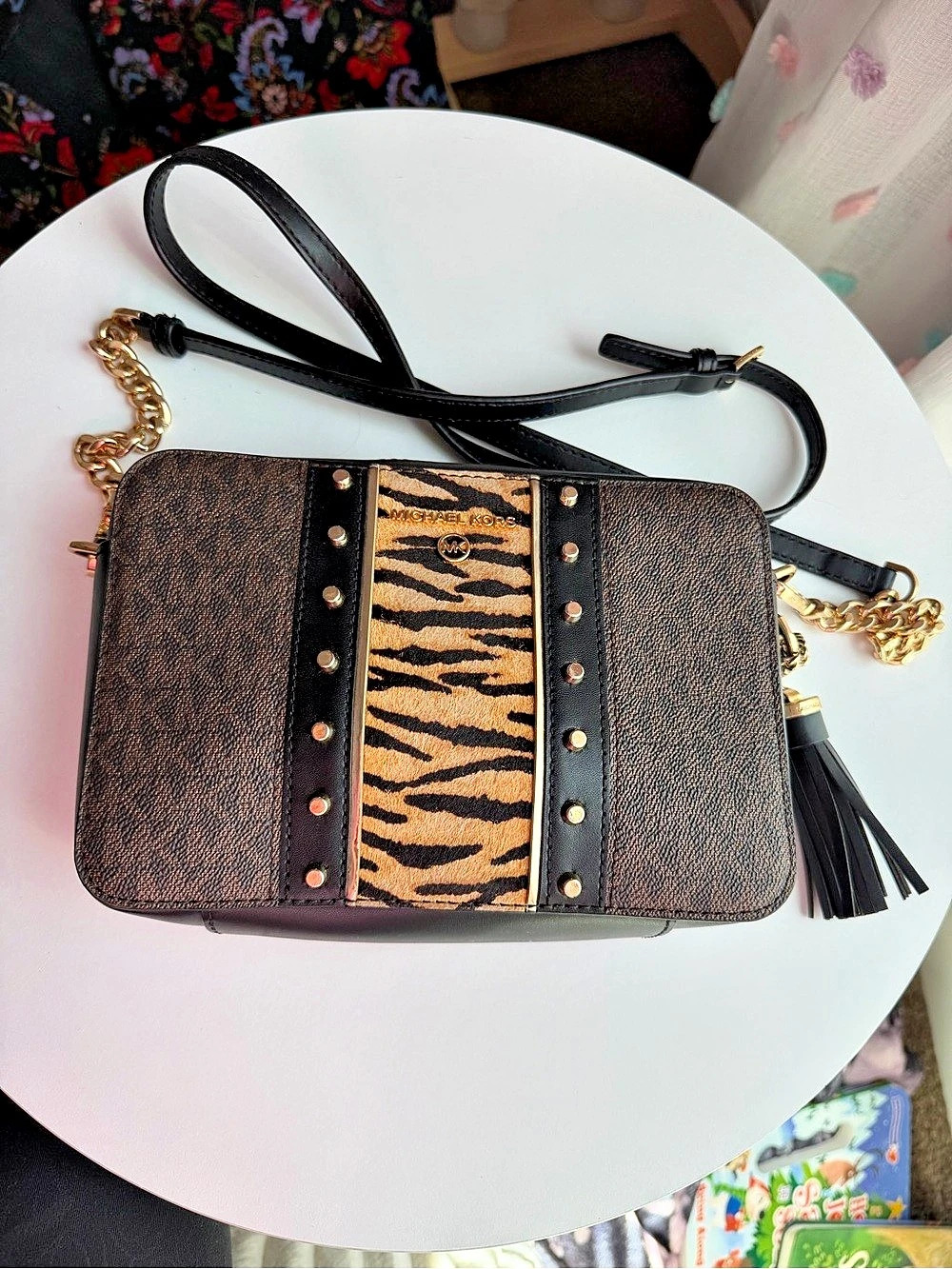 Michael Kors Jet Set Studded Signature Logo Small Camera Bag Brown Tiger Print